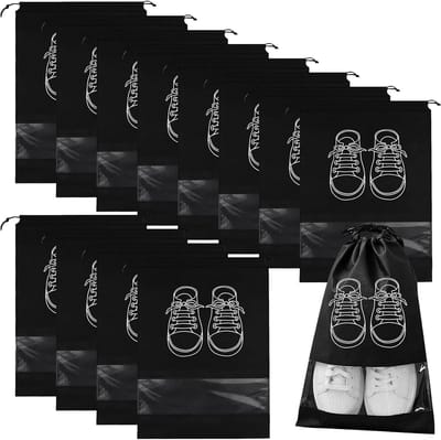 SnelShoppen - 12 Stuks Reusable Schoenenzakken voor Reis, 32x44cm Waterdichte Schoenentas met Transparant Venster, Trekkoord, Stofvrij, Zwart, Ideaal