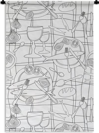 Wandkleed - Wanddoek - Vis - Patronen - Zwart Wit - 60x90 cm - Wandtapijt