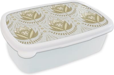 Broodtrommel Wit - Lunchbox - Brooddoos - Bloemen - Goud - Patronen - 18x12x6 cm - Volwassenen