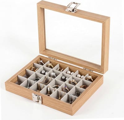 Verzamelbox Hout - Mineralen Kistje - Schatten Presenteren - 24 Flexibele Vakken - 20x15x5 cm - Lichtbruin