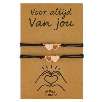 Koppel Armbandjes voor 2 "Voor altijd van jou" - Hartjes - BFF Armbandjes met Cadeau Kaartje - Rosé Goud & Zwart - Elastisch Verstelbaar - Pax Amare