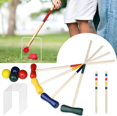 Croquetspel, outdoor croquetset, tuinspel, croquetspel, behendigheidsspel van hout, traditioneel houten speelgoed voor 4 spelers, kinderen en volwassenen, met houten haringen, bollen, wickets
