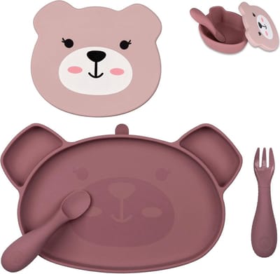 Babydinerset met siliconen verdeelde zuigplaat en babybestek - roze - voor 6m+