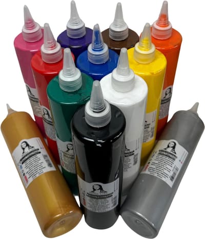 Südor Textielverf set 12 x 500 ml. Wasbestendige textielverf voor lichte stoffen. Wasmachinebestendig, wasbestendig. Fixatie door strijken (Kleuren: wit, zwart, rood, blauw, geel, groen, roze, paars, goud, zilver,oranje,bruin)