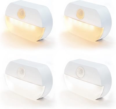 Nachtlampje met bewegingssensor | 2 witte LED's + 2 warmwitte LED's | batterijsensor | automatisch aan/uit | Ideaal geschikt voor kinderkamers, slaapkamers, trappen, gangen en keukens | L 6.6 W 4.2 H 2 cm|Cyslmuk®