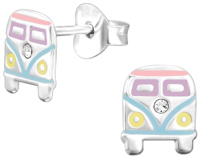 Joy|S - Zilveren bus oorbellen - 6 x 7 mm - pastel met kristal - t1 busje VW