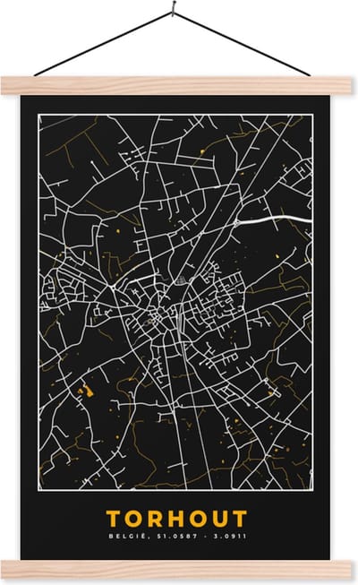Posterhanger incl. Poster 40x60 cm - Schoolplaat - Stadskaart - Plattegrond - Goud - Torhout - Kaart - Textielposter - Blanke latten - Stadskaart