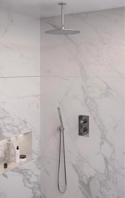 Brauer Chrome Edition thermostatische inbouw regendouche 3-weg omstelling SET 30 met 30 cm douchekop en plafondarm en staaf handdouche en doucheslang en wandaansluitbocht chroom