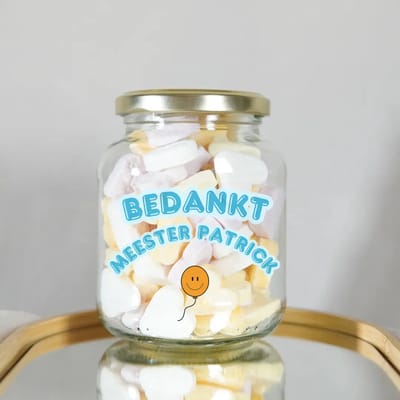 Gepersonaliseerd Cadeau Meester - Snoeppot met Eigen Naam - Bedankt Meester Afscheidscadeau - Origineel Relatiegeschenk Schooljaar - Glazen Snoeppot met 200g Snoephartjes