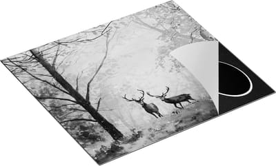 Chefcare Inductie Beschermer Getekende Herten in het Bos - Herfst - Zwart Wit - 60x50 cm - Afdekplaat Inductie - Kookplaat Beschermer - Inductie Mat
