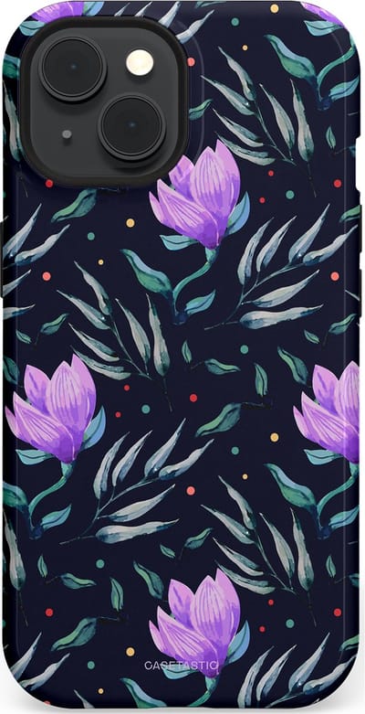Casetastic hoesje geschikt voor Apple iPhone 15 - MagSafe - Dubbellaagse bescherming - Mystieke bloemenzee - Fashion Case - Donkerblauw Donkergrijs Grijs Lavendel