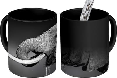 Magische Mok - Foto op Warmte Mokken - Koffiemok - Olifant - Water - Dieren - Zwart - Wit - Magic Mok - Beker - 350 ML - Theemok