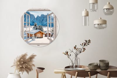 WallCircle - Wandcirkel - Muurcirkel - Winterlandschap - Huisje - Bergen - Uitzicht - Doorkijk - Natuur - Aluminium - Dibond - 90x90 cm - Binnen en Buiten