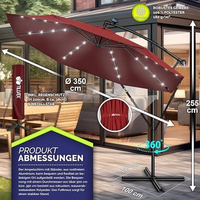Zweefparasol 350 cm – LED Solar Tuinparasol met 32 LED Lampen – Kantelbaar met Handslinger – Aluminium Frame – UPF50+ UV-bescherming – Waterafstotend Polyester – Inclusief Zonnepaneel, Afdekhoes en Stabiele Voet – Mobili Bella