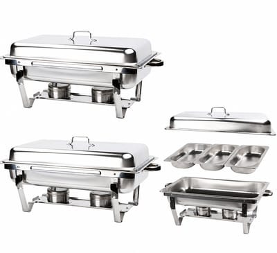 Alora Chafing Dish chrome 3 bakken per 2 - Voedsel Verwamer - Voedsel Warmhouden - met Deksel - Buffetwarmer - Roestvrij Staal - Chrome - Warmhoudplaat - Bain Marie - Warmhoudbakken - Warmhoudschalen