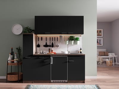 Goedkope keuken 180  cm - complete kleine keuken met apparatuur Oliver - Donker eiken/Zwart - elektrische kookplaat  - koelkast          - mini keuken - compacte keuken - keukenblok met apparatuur