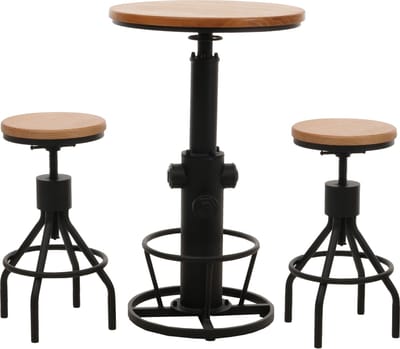 Set bartafel + 2x barkruk MCW-N17, barkruk hoge tafel in hoogte verstelbaar draaibare voetensteun industrieel hout ~ natuur