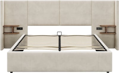 REDOM Bedframe 160x200 cm – Velours beige – Met hydraulische opbergruimte & 2 nachtkastjes – Luxe