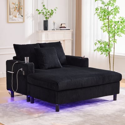 DESMIU Fauteuil 142 x 128 x 85 Cm - Relaxfauteuil Met USB, Bekerhouder En LED-Verlichting - Voor Woonkamer En Slaapkamer - Corduroy Zwart