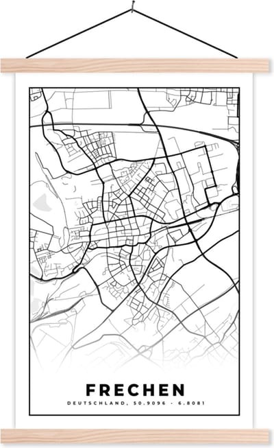 Posterhanger incl. Poster 40x60 cm - Schoolplaat - Plattegrond - Kaart - Frechen - Stadskaart - Textielposter - Blanke latten - Stadskaart