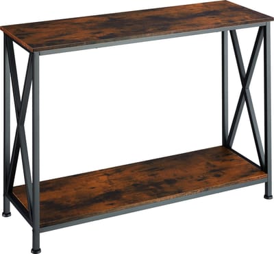 tectake® Consoletafel met 2 houten planken - Haltafel in industrieel design - Bijzettafel voor hal, entree, woonkamer - Zwart metalen frame - Afmeting (LxBxH) 100 x 35 x 80,5 cm - Donkerbruin