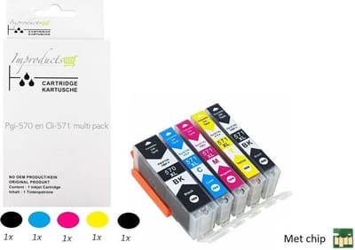 Improducts® Inkt cartridges voor Canon PGI-570XL / CLI-571XL 570/571 multipack 5 stuks alleen geschikt voor MG5700, MG5750, MG5751, MG5752, MG5753, MG6800, MG6850, MG6851, MG6852, MG6853, MG7750, MG7751, TS5050, TS5051, TS5053, TS5055, TS6050, TS8050