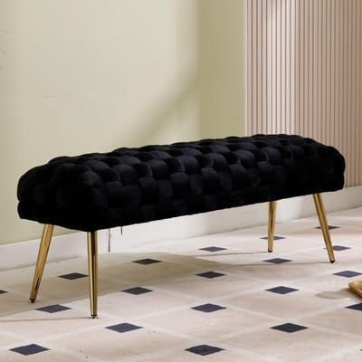 Zwarte Fluweel Bank 120 cm Geweven Design met Gouden Metalen Poten voor Woonkamer of Hal