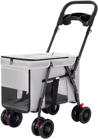 Huisdier Wandelwagen - Hondenbuggy Kattenwagen - Comfortabel Vervoer - Opvouwbaar Met Rem - 30 kg Draagvermogen - Grijs