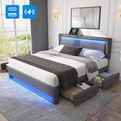 Sweiko Tweepersoonsbed - 140 x 190 cm - USB-poort - LED-verlichting - 4 lades - Zonder matras - Grijs