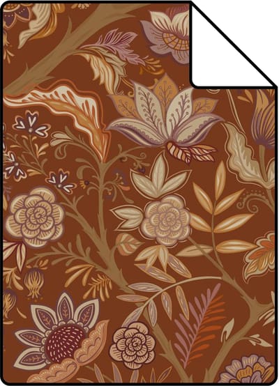Proefstaal ESTAhome behang vintage bloemen terracotta bruin en donker paars - 26.5 x 21 cm - 131333-S