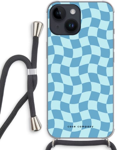 Case Company® - Hoesje met koord geschikt voor iPhone 14 hoesje met Koord - Grid Blauw - Telefoonhoesje met Zwart Koord - Bescherming aan alle Kanten en Over de Schermrand
