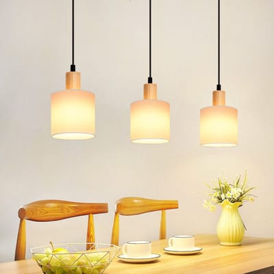 NETTLIFE Hanglamp - 3xE14 - hout Design - vintage eetkamerlamp - wit - stoffen kap = voor restaurant | keuken | woonkamer | studeerkamer-excl. lichtbron