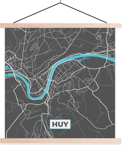 Posterhanger incl. Poster 40x40 cm - Schoolplaat - Stadskaart – Grijs - Kaart – Huy – België – Plattegrond - Textielposter - Blanke latten - Stadskaart