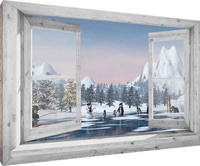 Kerst canvas voor buiten - 100x75x2 cm - tuindoek met spelende pinguins - sneeuw - winterlandschap - kerst decoratie - tuindoek - kerstversiering