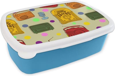 Broodtrommel Blauw - Lunchbox - Brooddoos - Vintage - Radio - Microfoon - Patroon - 18x12x6 cm - Kinderen - Jongen