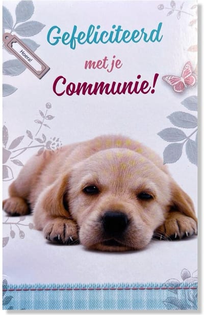 Communie Wenskaart Puppie - 12x17cm - Gevouwen kaart inclusief envelop - Communiekaart