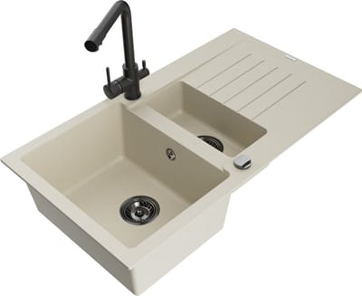 Mexen Matias granieten gootsteen 1,5-komerig met afdruiprek en Duero keukenmengkraan, beige - 6502-69-671600-70