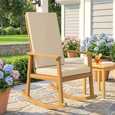 Pugsdrly Schommelstoel van acaciahout, schommelstoel met hoge rugleuning, kussens tot 160 kg, 60 x 89 x 107 cm, beige