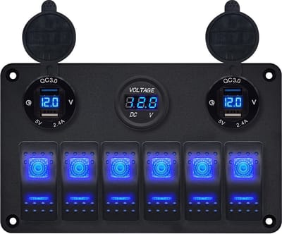 ProRide Schakelpaneel 12V voor Auto/Boot - USB Lader 4 Poorten met Voltmeter - 5V/2.4A - DS2114B - 6 Schakelaars