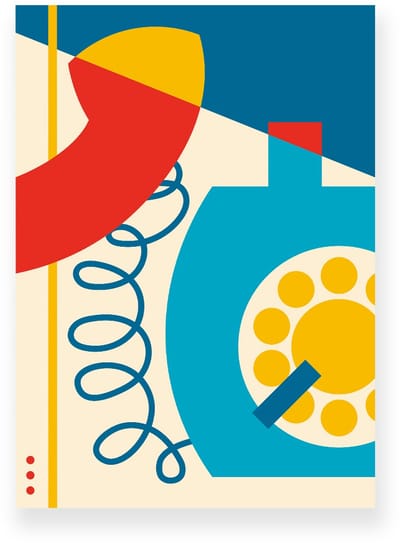 Poster 20x30 cm - Retro Telefoon - Rood - Blauw - Beige - Abstract - Vintage - Muurdecoratie - Wanddecoratie