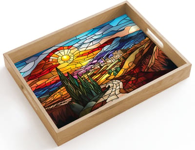 Dienblad hout 40x30 cm - Schootdienblad - Mozaïek - Zon - Landschap - Dorp - Borrelplank rechthoek - Plateau dienbladen