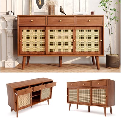 Buffetkast 120x40x78 cm - Rattan Front Met 3 Lades en 3 Schuifdeuren - Verstelbare Planken - Hout - Walnoot