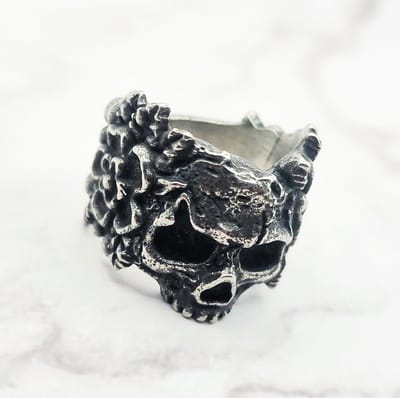 Mei's - Blooming Skull - ring heren - RVS zilver - ringmaat 60 mm
