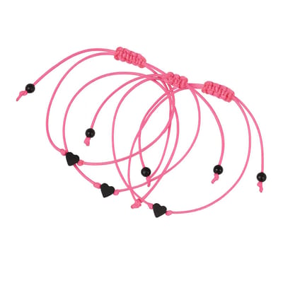 Set van 3 verstelbare armbanden met felroze koord en zwarte hartkralen – vriendschaps armband – voor dames en meisjes