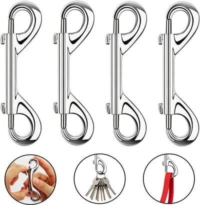 Set van 4 - Dubbele karabijnhaak - Metalen sleutelhanger - 8,9 cm lange metalen clip van zinklegering - Zilverkleurige dubbele haak - Hondenriemclip - Draaibare karabijnhaak - Ophangclip - Voor hondenriem/halsband