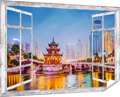 Gards Tuinposter Doorkijk Rivier bij Stad Guiyang in China - 180x120 cm - Tuindoek - Tuindecoratie - Wanddecoratie buiten - Tuinschilderij