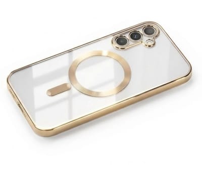 Transparant goudkleurig telefoon hoesje met metallic randen – geschikt voor Samsung S24 FE MagSafe – luxe backcover met MagSafe ring en camera bescherming