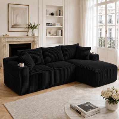 L-Bank, 3-Zits Bank, Hoekbank Modulaire Bankstel met Chaise Longue en 2-zitsbank, Zachte Corduroy Hoes, met 5 Kussens, Zijvakken en Bekerhouders, Schuim met Hoge Dichtheid, Doe-het-zelf-combinatie, Ideaal voor Woonkamer, Appartement en Studio- Zwart