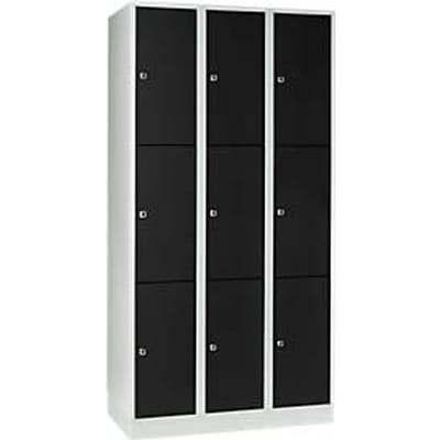 Vakkenkast 300 mm, 3 compartimenten, 9 vakken, veiligheidscilinderslot, sokkel, diepzwart