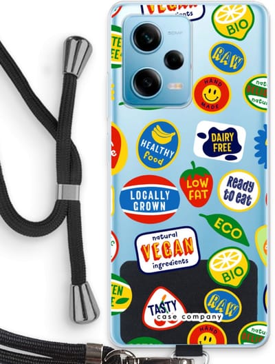Case Company® - Hoesje met koord geschikt voor Xiaomi Redmi Note 12 Pro 5G hoesje met Koord - Fruitsticker - Telefoonhoesje met Zwart Koord - Bescherming aan alle Kanten en Over de Schermrand